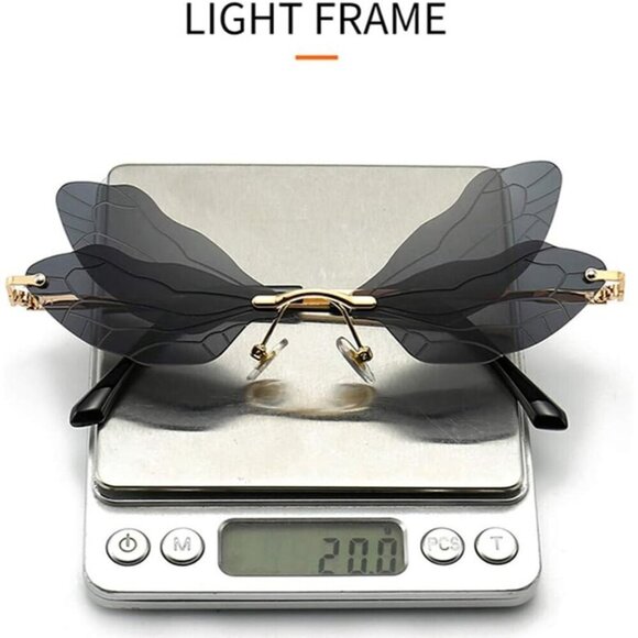 ?Women Pink Dragonfly Wing Shape Frameless Irregular Shades Party Sun Glasses